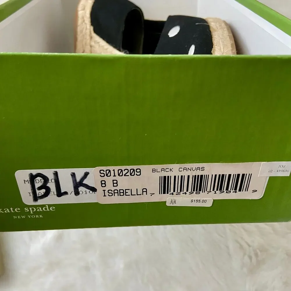 Kate Spade Isabella Polka Dot Wedge Espadrilles Black Canvas 8B